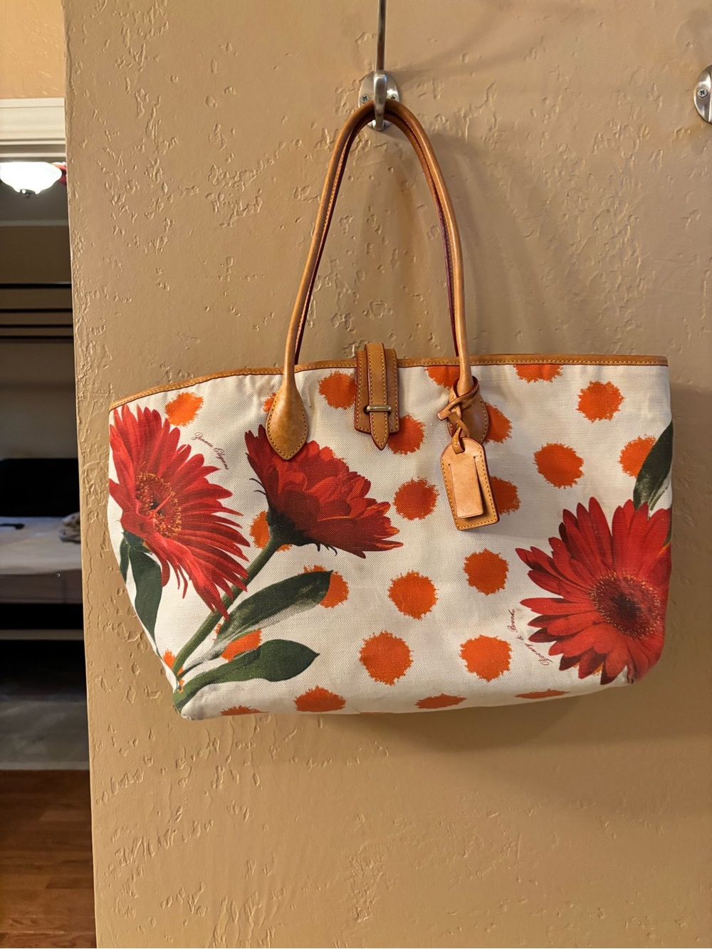 Dooney & Bourke Red Floral Canvas Tote with Tan Leather Trim